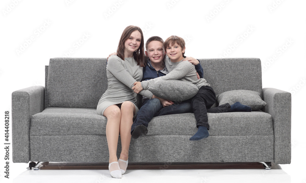 happy family sitting on a large comfortable sofa. happy family sitting on a large comfortable sofa.