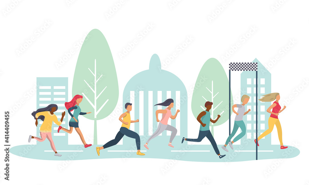 Men and women jogging a marathon distance on a city road. Sports competitions for people of different nationalities. Run. Running championship. Cartoon vector illustration isolated on white background