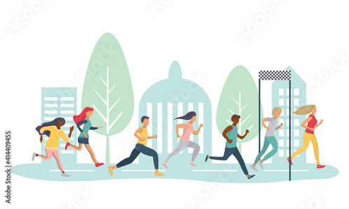 Men and women jogging a marathon distance on a city road. Sports competitions for people of different nationalities. Run. Running championship. Cartoon vector illustration isolated on white background