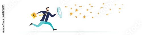 COVID-19 Coronavirus protection and quarantine. Business risk. prevention from viral epidemic concept. businessman holds a knight's shield to protect against pathogens of the COVID-19 virus. Vector.