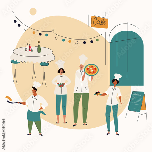 Chefs set. Restaurant staff in front of the café wearing uniforms. Small business concept. Foodservice. Catering. Outdoor cafeteria. Modern flat vector illustration. Cooking