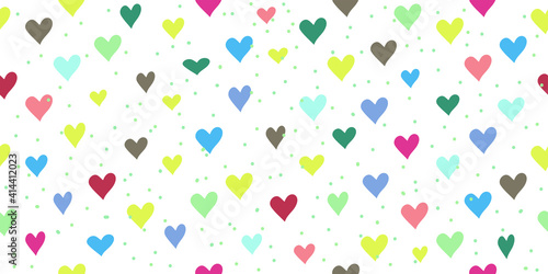 Seamless attern with colorful hearts, white background, vector drawing, wide horizontal design