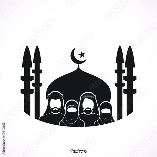 Traditionally clothed muslim man and woman  the backdrop of the mosque. Silhouette icon.