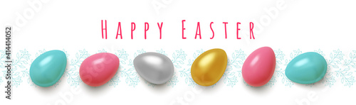 Realistic Gold, blue and pink easter eggs with on white background. Vector