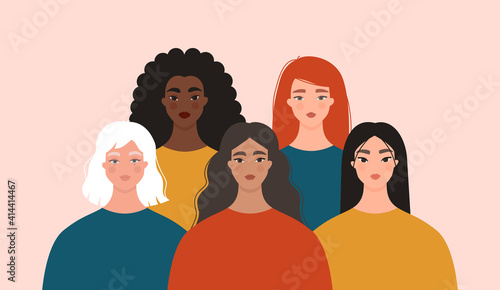 Women diversity concept. Group of multiethnic female characters. Portraits of caucasian, asian, black girls standing together. International Women’s Day, 8 March, feminism. Isolated flat vector