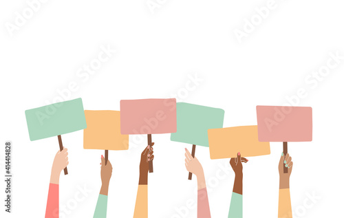 Women's arms at demonstration with an empty placard isolated on white.Vector illustration in a flat style.
