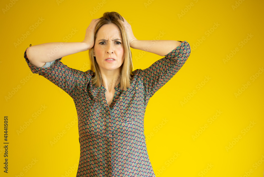 Young caucasian woman over isolated background doing nervous gesture Young caucasian woman over isolated background doing nervous gesture