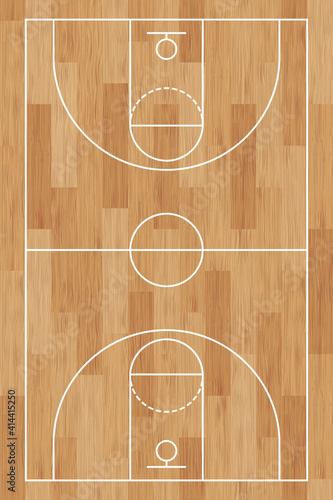 Basketball court. Wooden floor. background painted with line and basket. Basketball field. Sport play. Overhead view. Texture with wood pattern. Playground top plan. Vertical wooden board. Vector 