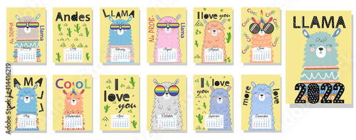 Cute monthly calendar of 2022 with a llama, cactus, inscriptions in the Scandinavian children's style.