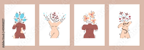 Set of cover templates with flowers in vase in form of naked female bodies. Body positive. All women are beautiful. Designs is for notebook, planner, diary, poster, card. Size A4. Vector illustration