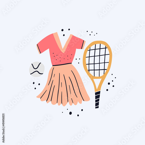 Sports dress, ball and racket flat vector illustration. 