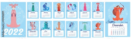 Horoscope vertical calendar for 2022, week starts on Sunday. A4 format. Zodiac signs: capricorn, aquarius, aries, pisces, virgo, libra, scorpio, sagittarius, taurus, gemini, leo.
