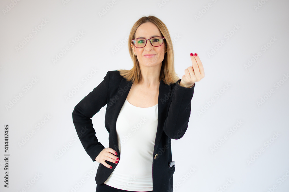 Business young woman doing rich gesture over white background Business young woman doing rich gesture over white background
