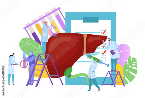 Medical liver diagnostics, tiny people, disease treatment concept, human organ, dangerous virus, cartoon style vector illustration. Prevention and health care patient, experienced doctors in medicine.