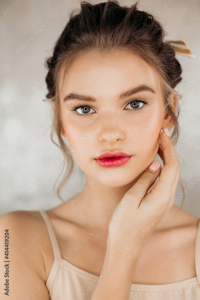 Beauty model healthy skin hand manicure nails touching clean skin women beautiful fresh clean female face Beauty model healthy skin hand manicure nails touching clean skin women beautiful fresh clean female face