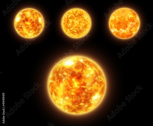Realistic Sun globe in space, 3d vector star of solar system surface with fire storms, protuberances and eruptions, emission into cosmos. Astronomical object sphere render isolated on black background