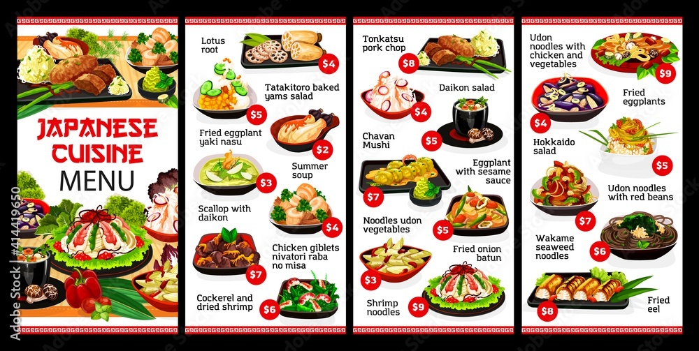 Japanese cuisine restaurant food menu, Japan meals and dishes, vector. Traditional Asian Japanese cuisine food, rice or udon noodles, lotus root and chicken giblets, baked yams salad and tonkatsu pork