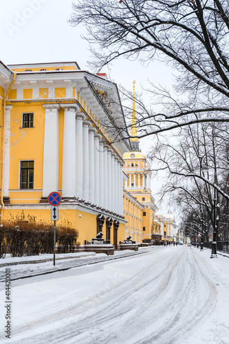 Streets of winter Petersburg, city panoramas and beautiful historical buildings with snow