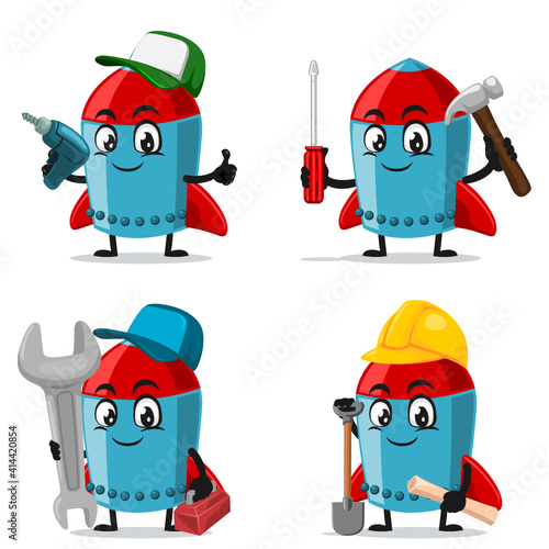 vector illustration of rocket character or mascot collection set with service or repair theme