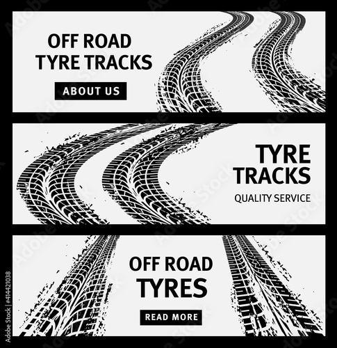 Off road tire tracks, car trucks tyres web banners, vector templates. Automotive and vehicle parts shop or service web banners with car tire grunge traces and wheel tread imprints