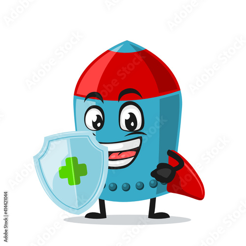 vector illustration of rocket character or mascot holding shield for protection