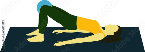 Vector illustration of a woman doing sports pilates gymnastic on mat making strength core and glutes mobility basic bridge stretching exercise with pilates ball no special equipment no background 
