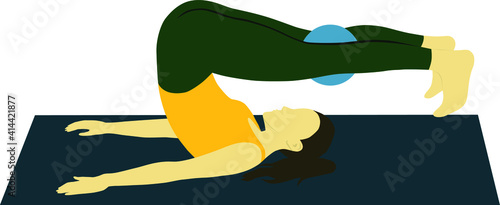 Vector illustration of a woman doing sports pilates gymnastic on mat making strength mobility stretching exercise dynamic halasana with pilates ball no background 