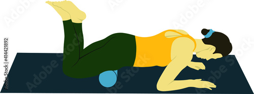 Vector illustration of a woman doing sports pilates gymnastic on mat making strength mobility stretching myofascial release exercise on quadriceps with no special equipment on foamroller no background