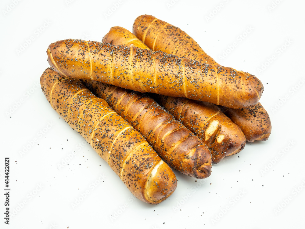 stack of sausage wrapped in the dough on white background stack of sausage wrapped in the dough on white background
