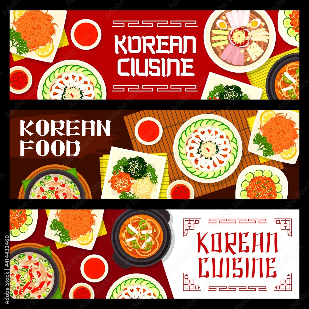 Korean food vector pyonguang cold noodles, kimchi pork soup, soy and dipping sauce and bean jelly salad. Dried fish in spicy sauce, duck soup, fish and beef khe, cuisine of Korea cartoon banners set