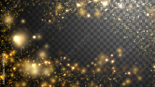 Gold particle dust isolated on dark transparent background. Defocused glitter light texture.
