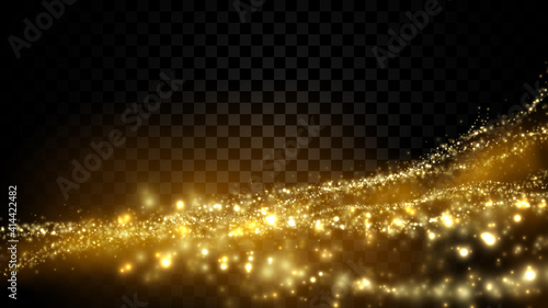 Gold particle dust isolated on dark transparent background. Defocused glitter light texture.