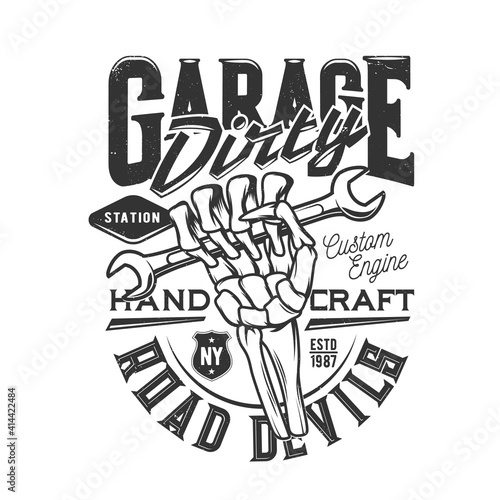 Tshirt print with skeleton hand hold wrench for apparel vector design. Isolated emblem with typography dirty garage, road devils. Monochrome t shirt print or label for custom engine hand craft service