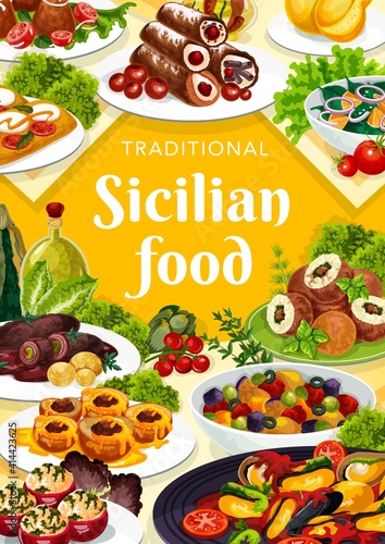 Sicilian food vector stuffed tomatoes, caciovallo and cannoli, caponata, chops with pesto sauce. Arancini with meat stuffing, rolls of beef, baked peaches and mussels in sauce, scaccia, arancini meals