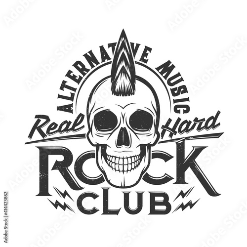 Tshirt print skull with punk hairstyle mascot for apparel vector design. T shirt print for hard rock club with typography alternative music. Emblem for rock concert and heavy metal band festival label