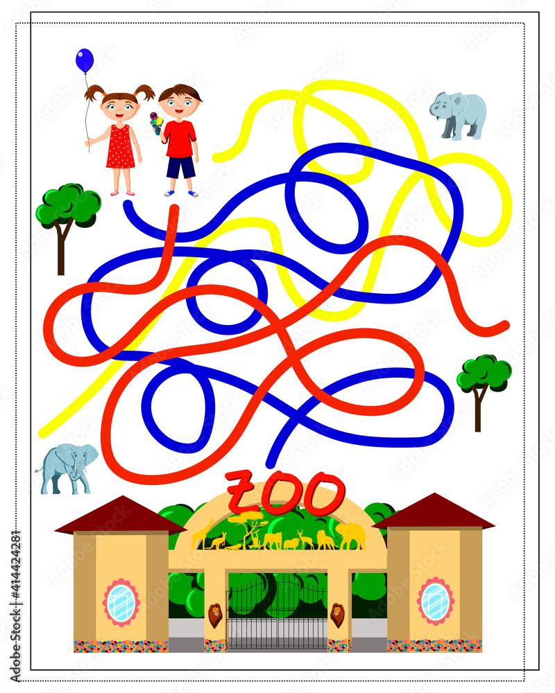 a maze game for kids. Help the children to pass through the maze to the zoo. A girl in a dress with a balloon, a boy in shorts holding an ice cream in his hands. Vector illustration isolated on white 