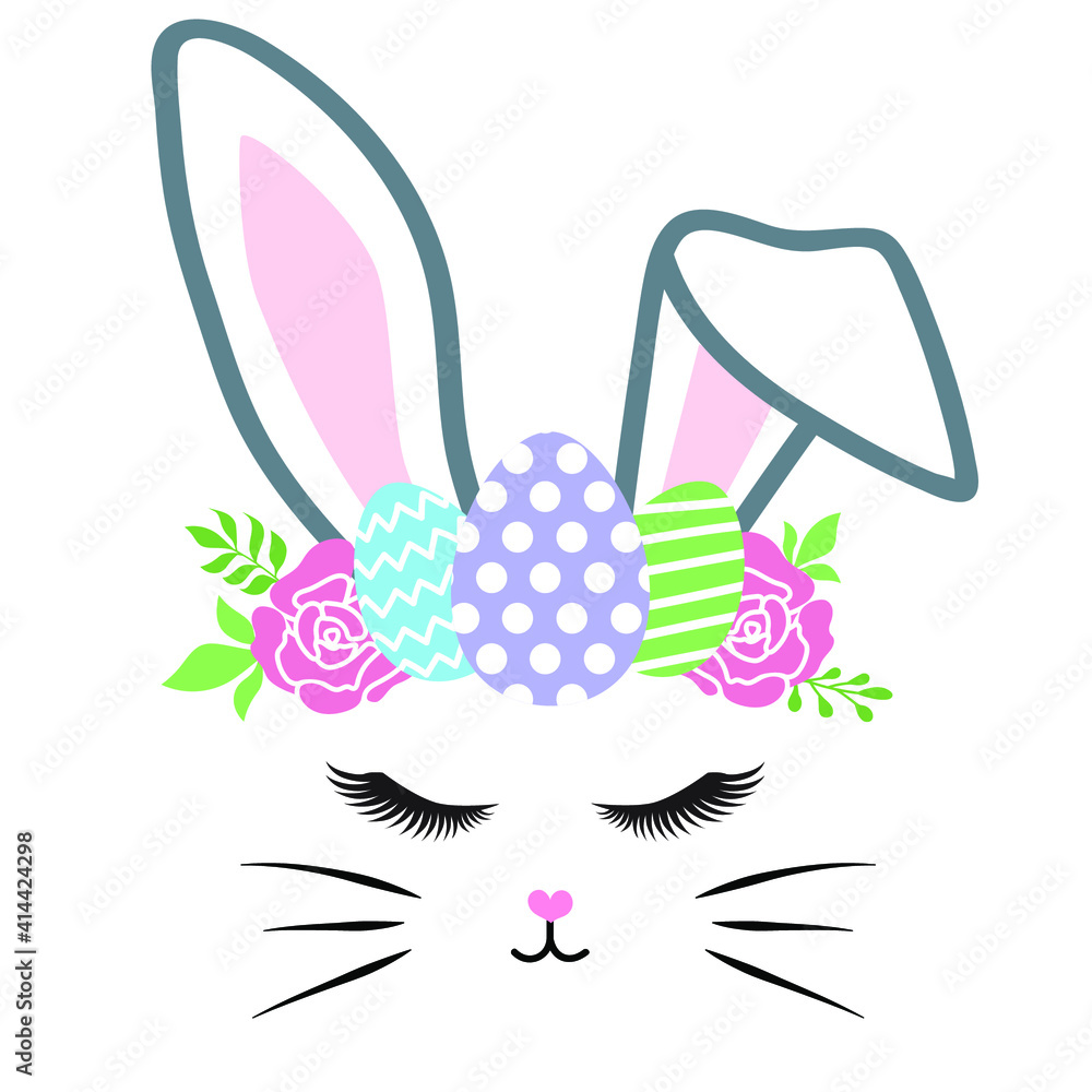 Happy Easter bunny face vector design with eggs wreath. Easter illustration for baby girl. Vector illustration greeting card templates with bunny Happy Easter bunny face vector design with eggs wreath. Easter illustration for baby girl. Vector illustration greeting card templates with bunny