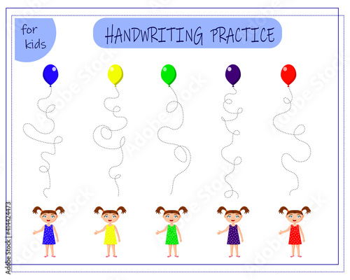 Handwriting practice sheet. Educational children's game. Line tracing for kids and toddlers. Balloon, red, blue, green, yellow, purple. A girl in a dress of different colors. Vector isolated on a whit