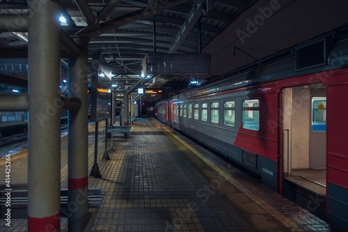 platform on an early winter morning in Moscow with a waiting train