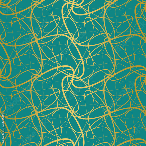 Beautiful decorative doodle seamless pattern. Abstract gold swirling linear texture on dark turquoise background. Vector illustration for wallpaper and fashion fabric.
