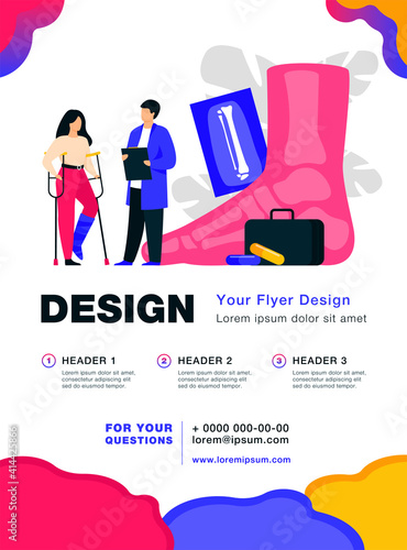Podiatrist examining ankle and foot of female patient. Woman on crutches with plaster on leg consulting doctor with X ray. Vector illustration for treatment, podiatry, disease, health care concept