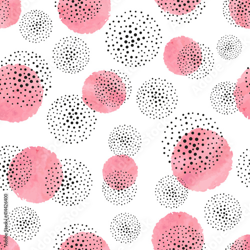Seamless dotted pattern with pink watercolor circles. Vector abstract background