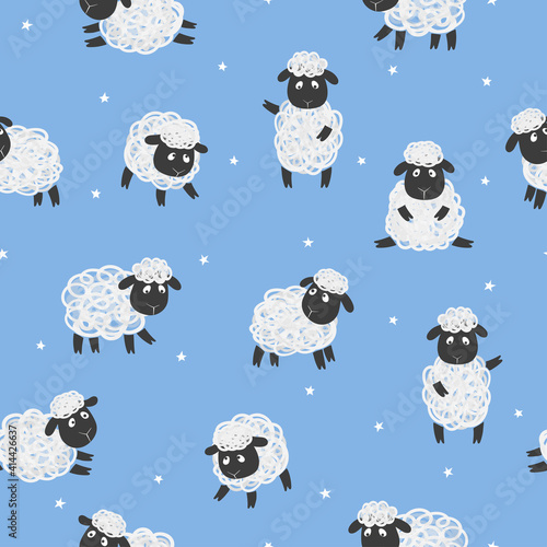 Seamless pattern with cute white sheep on blue. Vector kids background with little lambs.