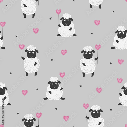 Seamless pattern with cute sheep and hearts. Baby print.