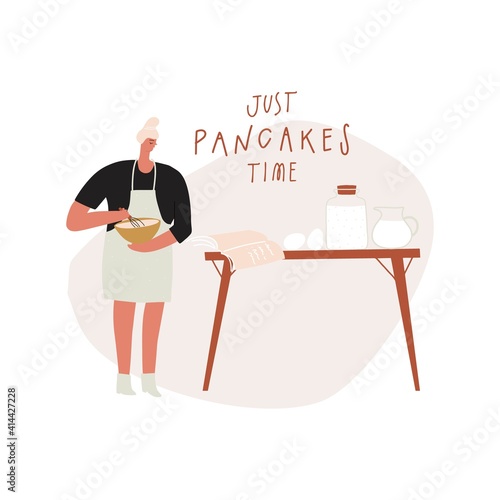 Woman make pancakes. Recipe sketches. Vector template for postcard sticker print poster cook book page design