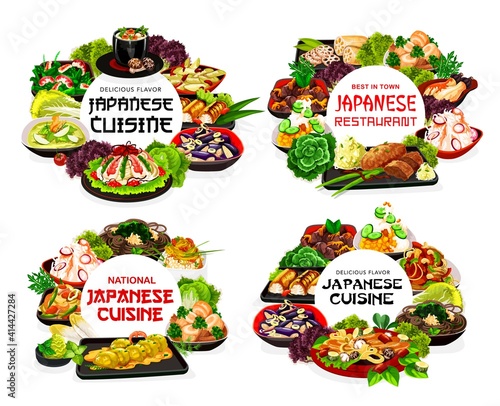 Japanese cuisine menu, food dishes and Japan meals, vector traditional Asian restaurant. Japanese cuisine udon noodles, rice and seafood, chicken and pork chops, eel fish, soups and vegetable salads