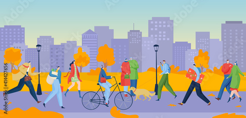 People walking, direction in downtown, successful city business, bright autumn street, design cartoon style vector illustration. Walking pedestrian, businessman rushing to work, walking men and women.