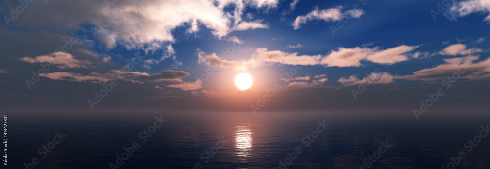 Seascape, clouds over the sea, ocean landscape, light over water, 3D rendering