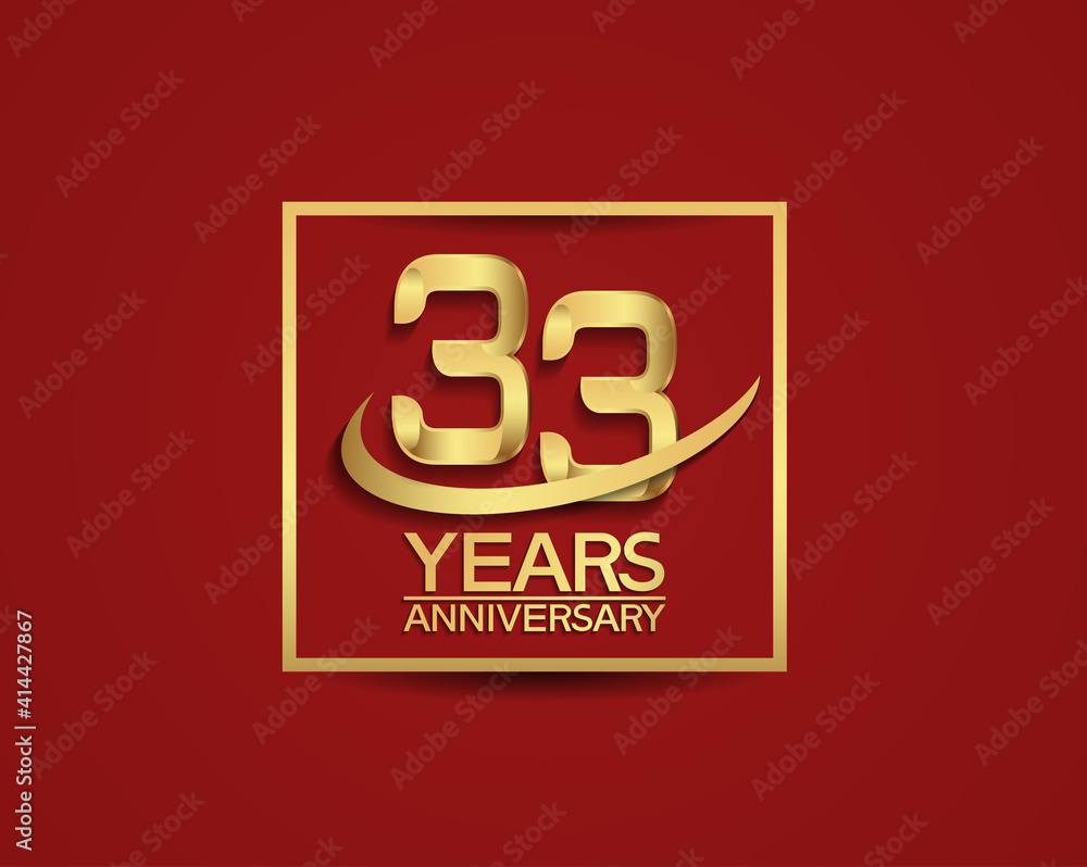 33 years anniversary with square and swoosh golden color isolated on red background can be use for special celebration moment 33 years anniversary with square and swoosh golden color isolated on red background can be use for special celebration moment