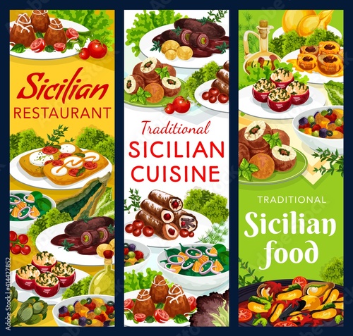 Sicilian food vector stuffed tomatoes, caciovallo, mussels and scaccia. Cannoli, caponata, chops with pesto sauce and arancini with meat stuffing, rolls of beef, baked peaches. Meals of Sicily banners photo